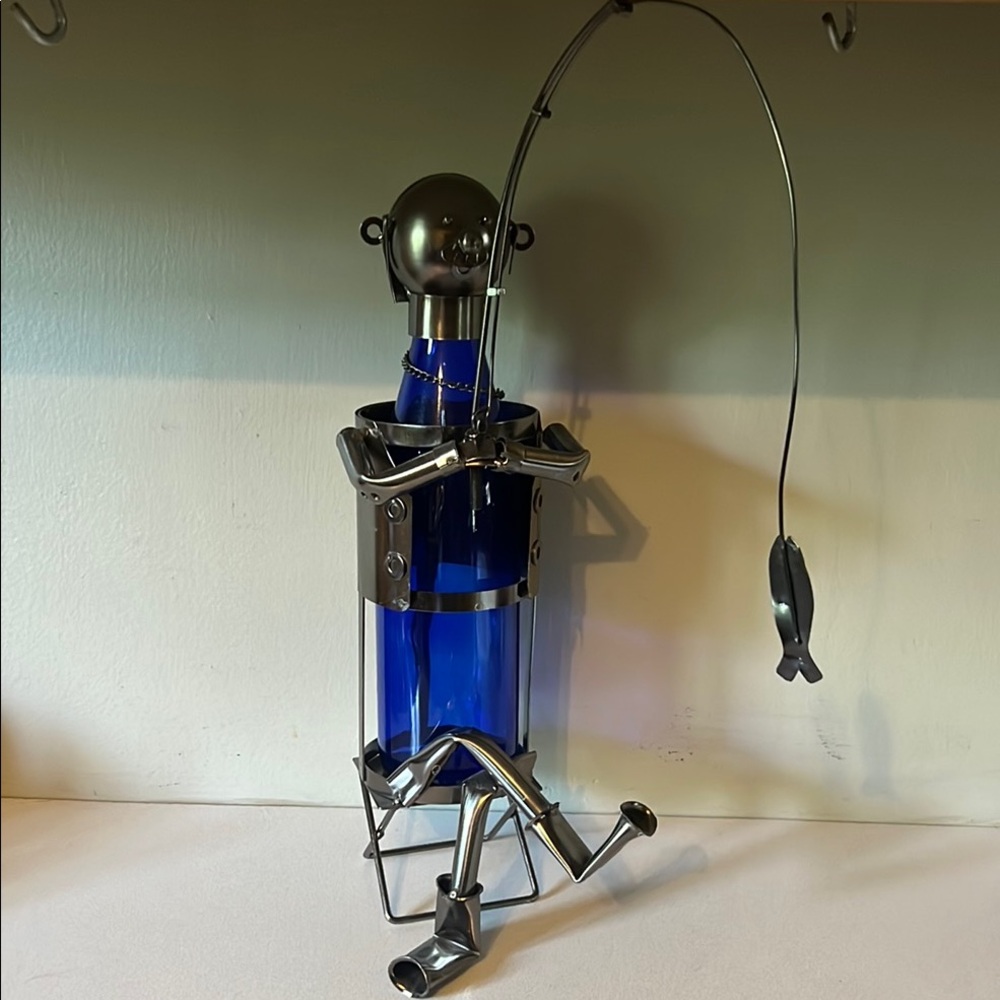 Blue and Silver Metal Fisherman Wine Holder